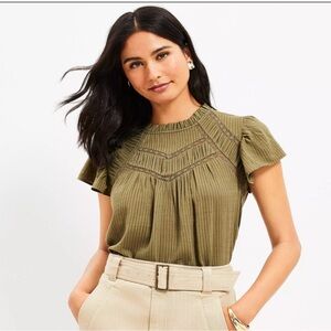 LOFT Dobby Stripe Shirred Ruffle Flutter Sleeve Tp in Olive Green.